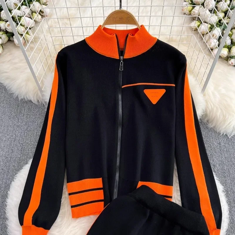 أزياء الرياضة البدلة المرأة عارضة طوق التباين اللون سترة متماسكة معطف عالية الخصر مستقيم بنطال ذو قصة أرجل واسعة 2 قطعة مجموعة الإناث