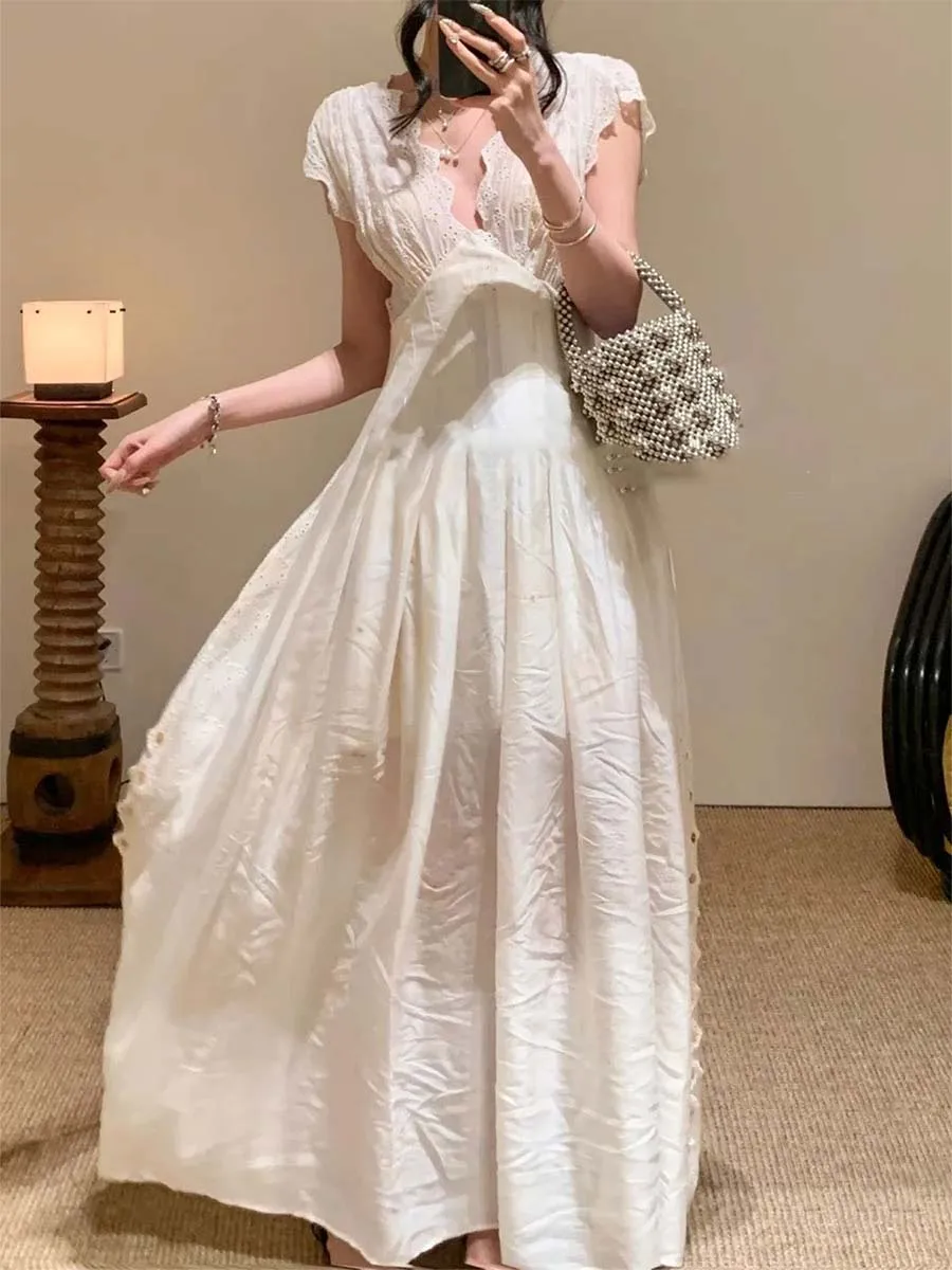 Twotwinstyle sólido solto sheer emendado dobras vestidos minimalistas para mulheres com decote em v mangas curtas elegante vestido longo moda feminina