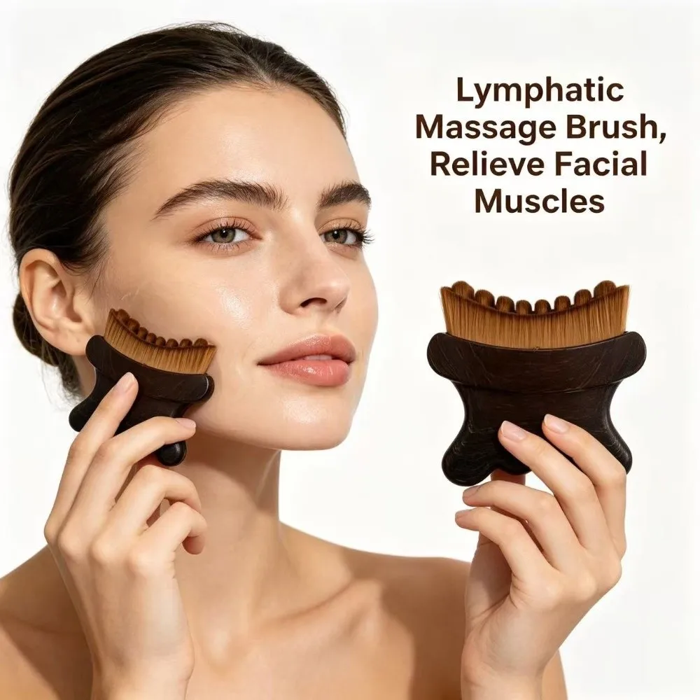 Ergonomic Shape Lymphatic Face Brush Curved Handle Soft Bristles Jawline Massage Brush Easy Hold Storage Case