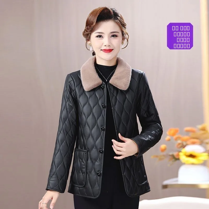 

Warmth ort PU Sle Collar plus Size Color Winter Faion Women's Clothing for Middle-Aged And ly