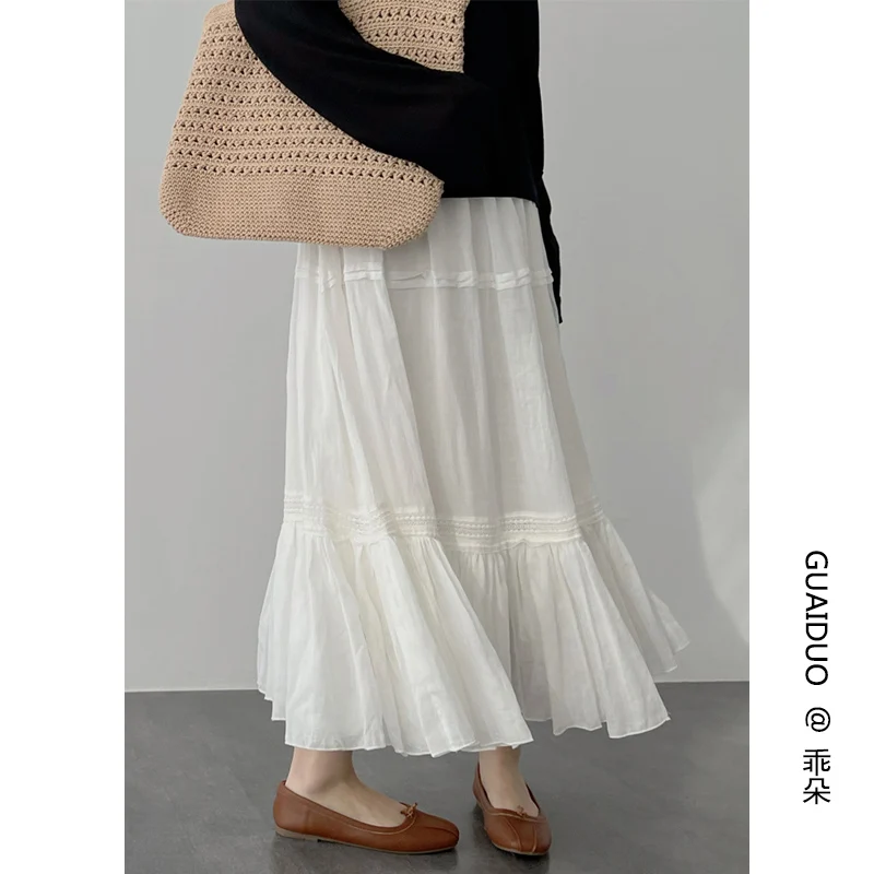 New Spring Summer Umbrella Skirt Slimming Fairy Lace Stitching White A-Line Skirt Women Mid-Length Exquisite Skirt A671