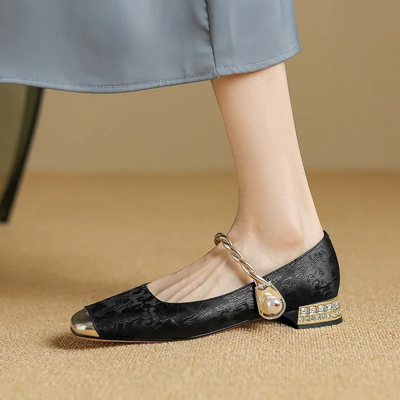 2024 New Comfortable Women's Single Shoes Square Toe Thick Heel Buckle Color Matching Slip-On Versatile Spring and Autumn