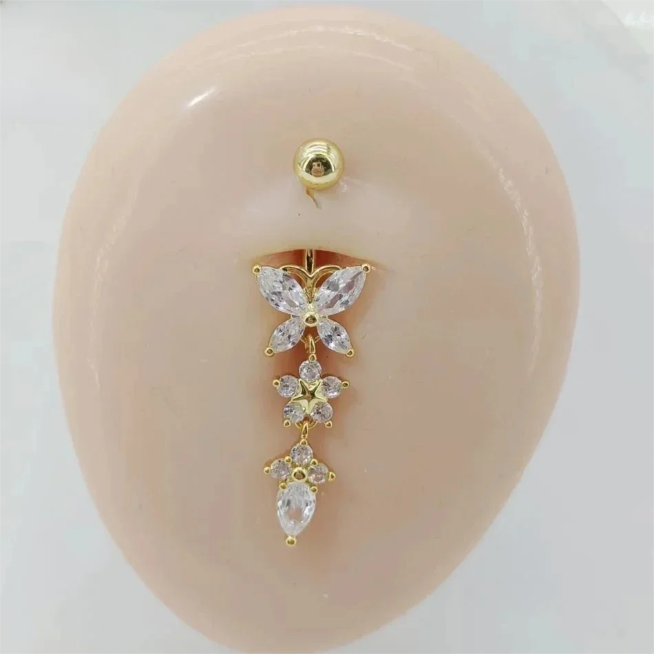 CZ Zircon Butterfly Dangle Belly Button Ring 14G