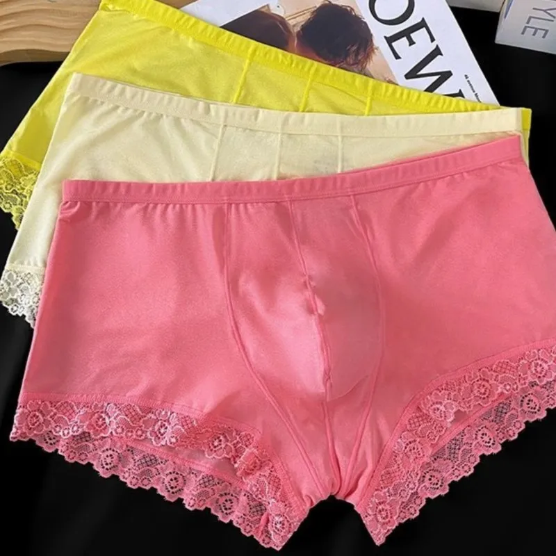 

Sexy Ice Silk Lace Trim Bulge Male Boxer Shorts Man's Pink Party BF Briefs Pantys Live Show Dance Costumes Private Harajuku