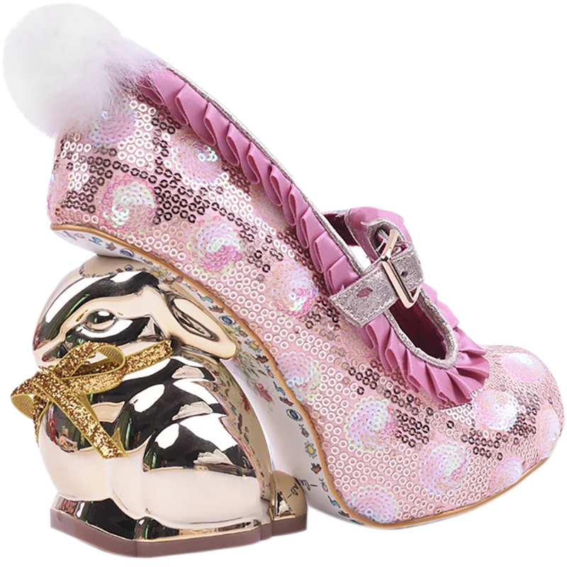 

New Rabbit Fur Ball Back Abnormal Animal Rabbit Heels Pumps Bling Bling Flower Sequins Gold Strange Heels Girl's Lolita Shoes