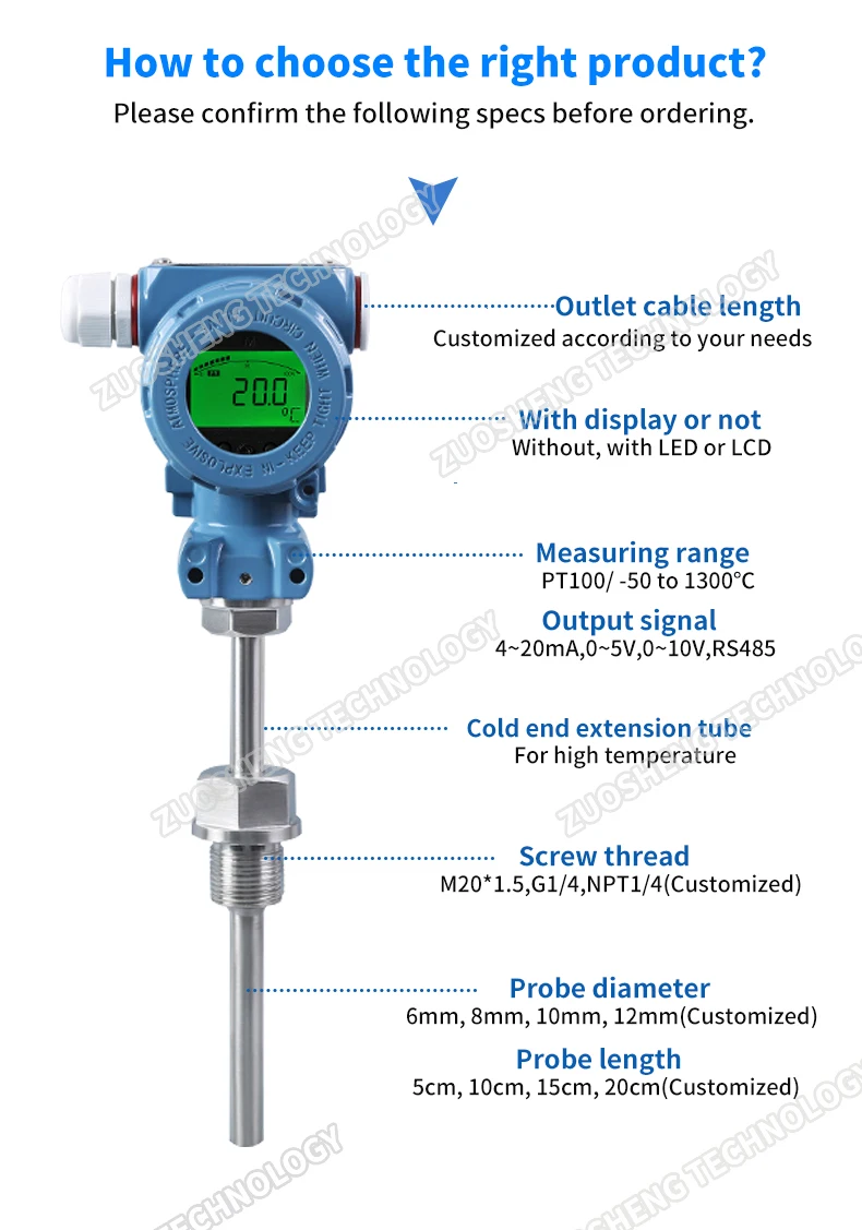 

4-20ma Temperature Transmitter Armored PT100 RTD Stainless Steel High Temperature Resistant Thermistor rs485