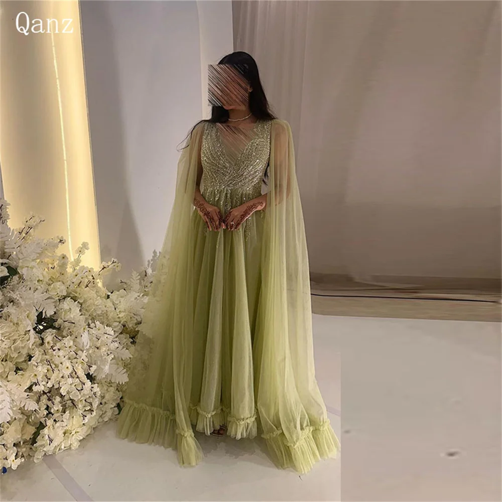 

Qanz Saudi Arabia Evening Dress Tulle With Cap Sleeves Sparkle Floor Length Party Dress Women Elegant Luxury Vestido De Fiesta