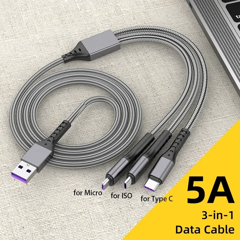 3 in 1 5A 66W USB Type-C Cable Fast Charging Wire 3in1 Micro USB Type C Charger Data Cable For iPhone 14 Samsung Xiaomi