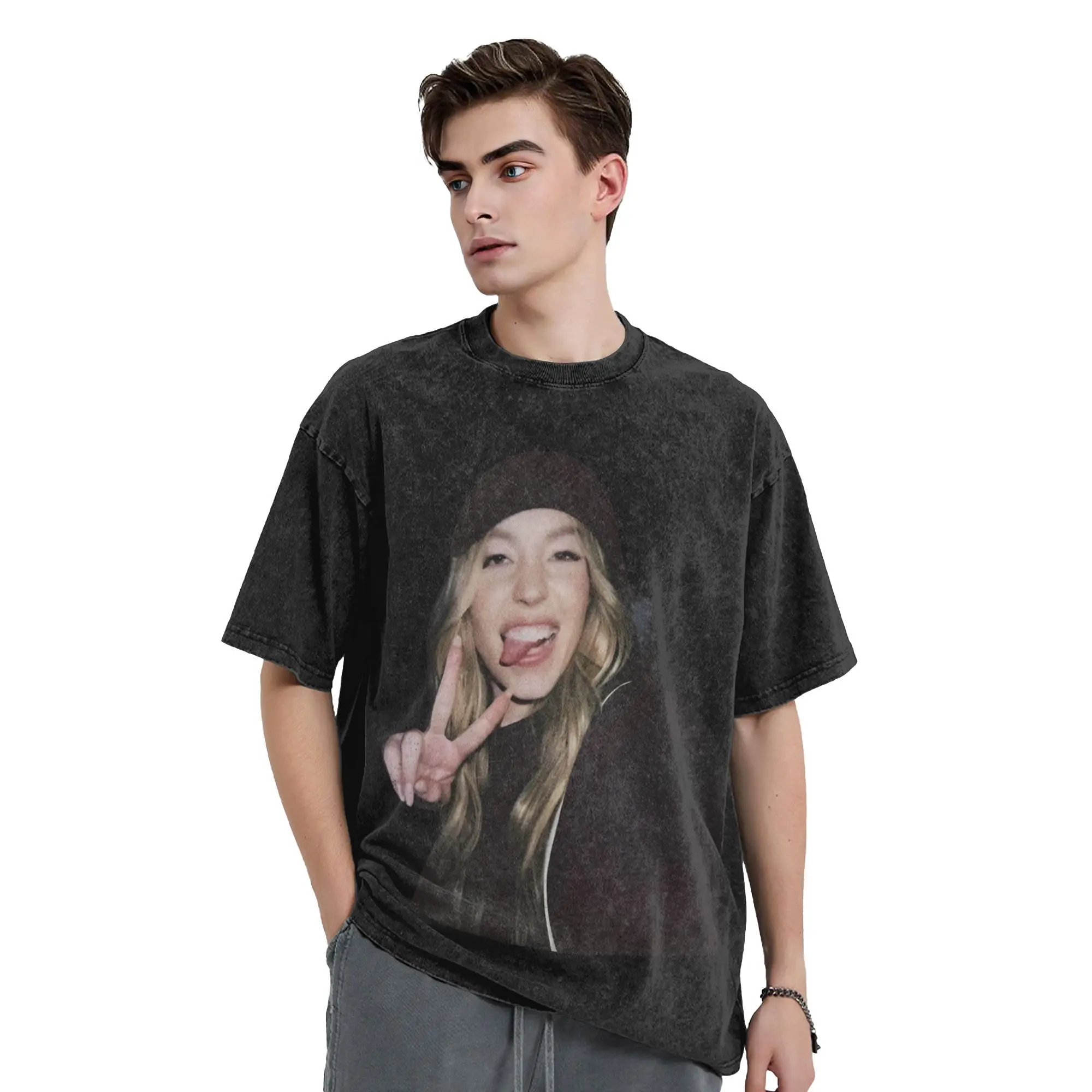 تي شيرت فريد من نوعه Happy Sydney Sweeney Grimace تي شيرت رجالي برقبة دائرية من القطن الخالص مغسول بأكمام قصيرة تي شيرت فريد من نوعه