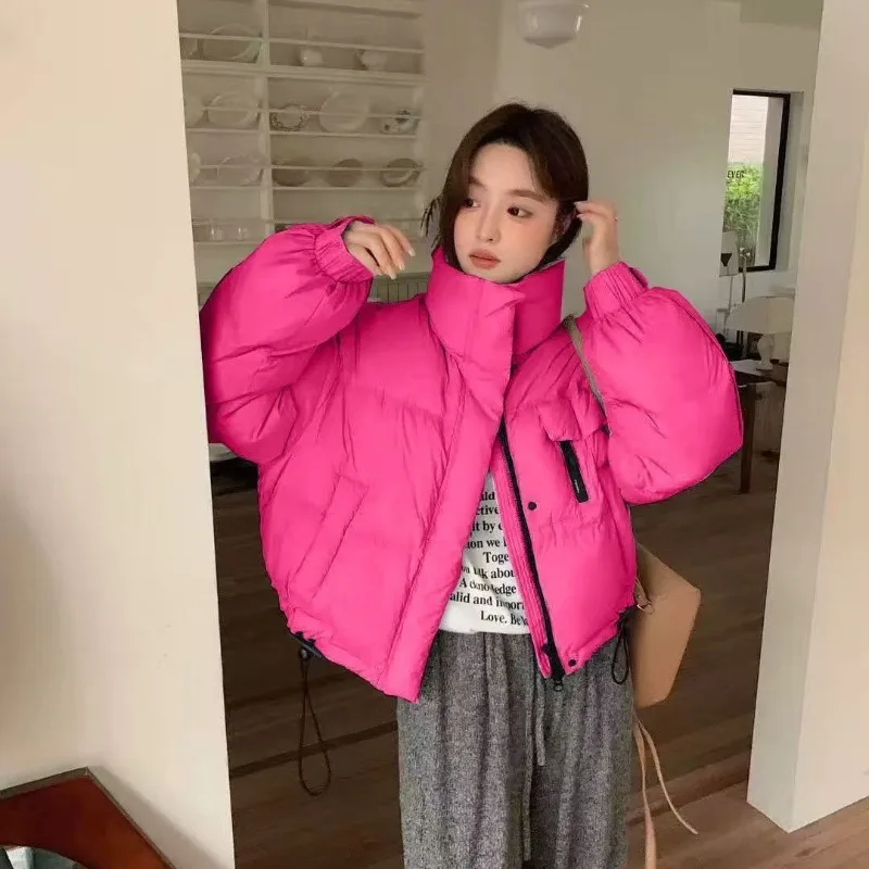 เสื้อแจ็คเก็ตผ้าฝ้ายพัฟฟ์ทรงสั้นสำหรับผู้หญิง สไตล์เกาหลี คอตั้ง เรียบง่าย หนาขึ้น ทรงเล็ก ดูดีมาก