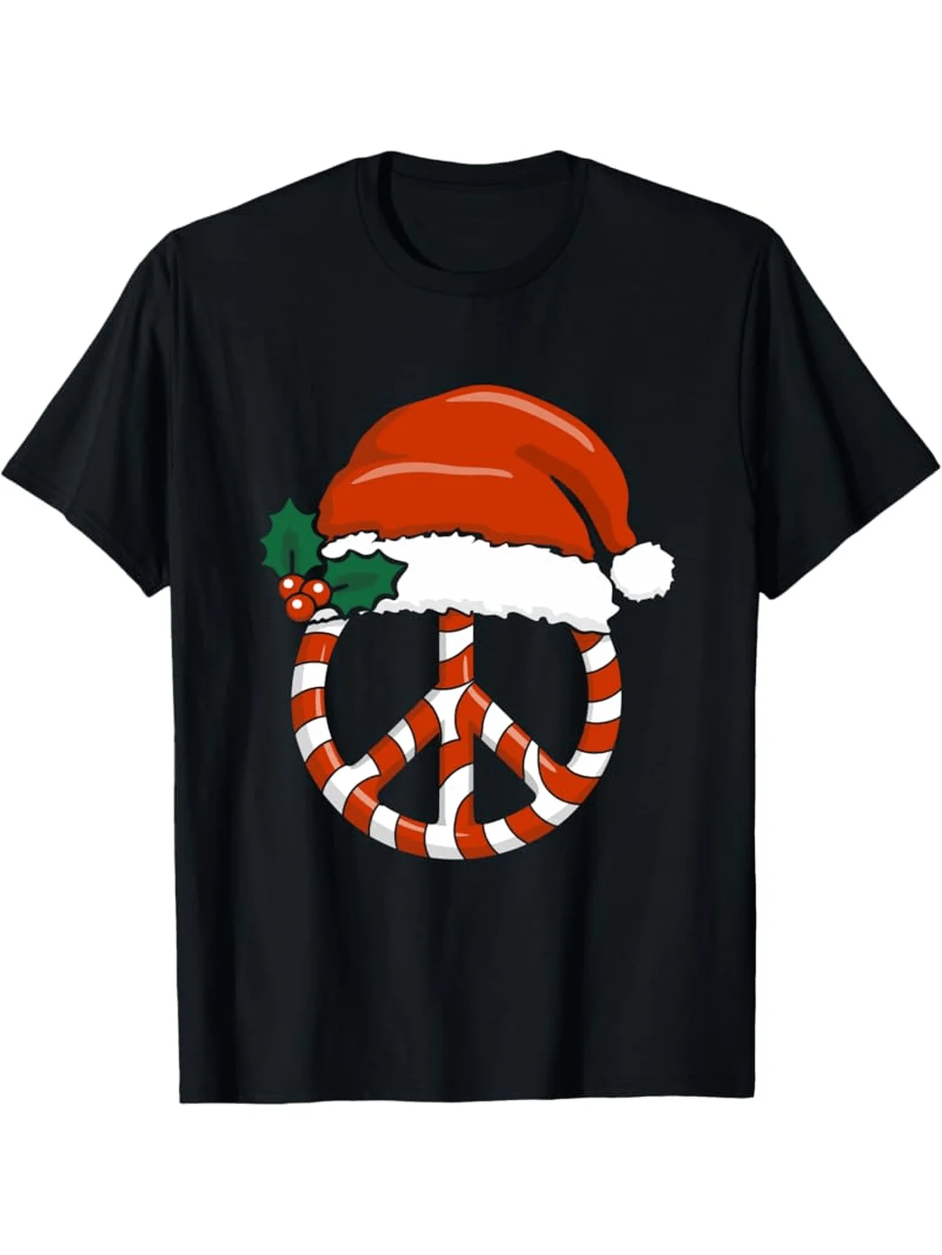 قصب الحلوى وقبعة عيد الميلاد مع طباعة أمامية، تي شيرت رجالي بأكمام قصيرة