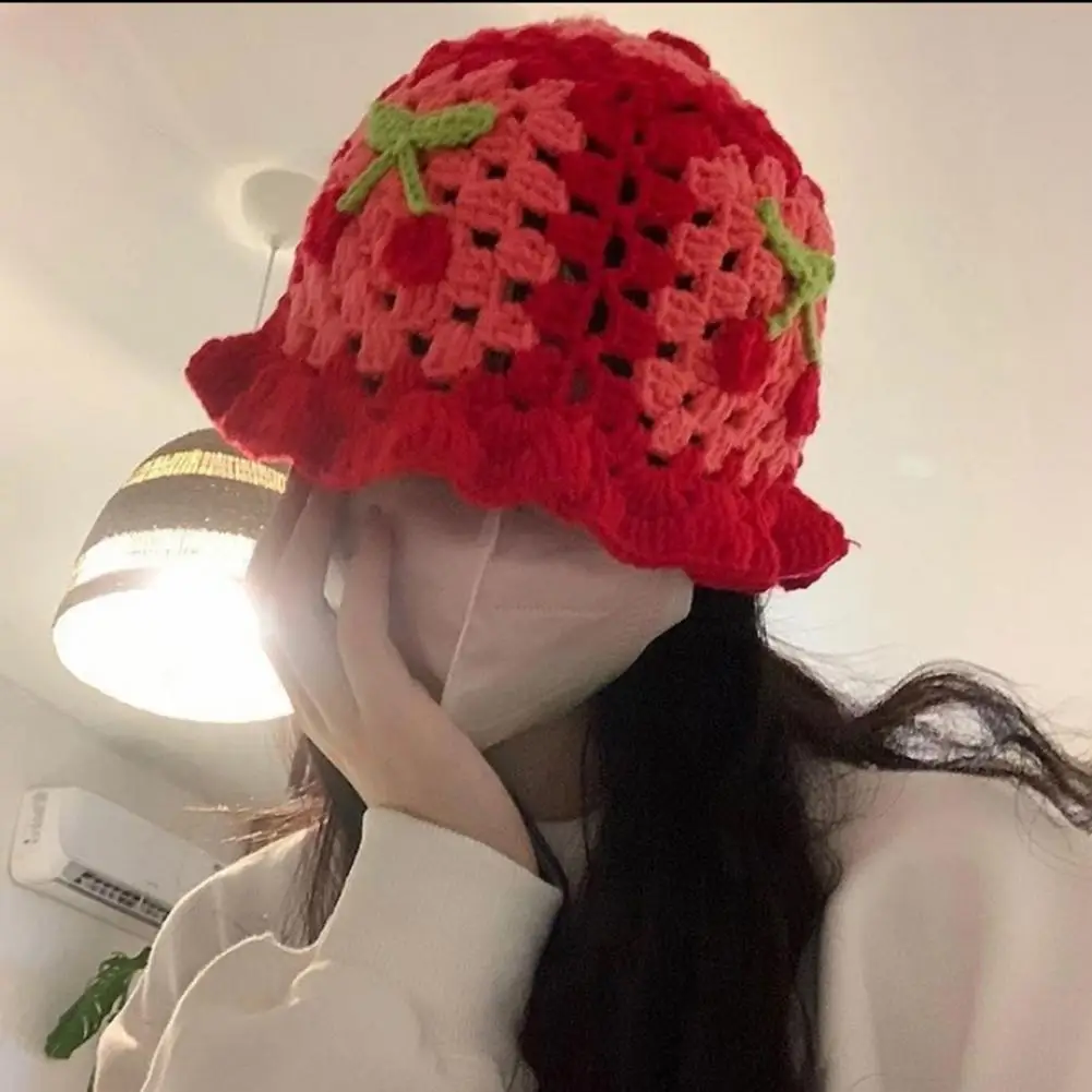 Cartoon Woolen Hat Women Cherry Applique Knit Hat Candy Color Bucket Crochet Hat Outdoor Cap