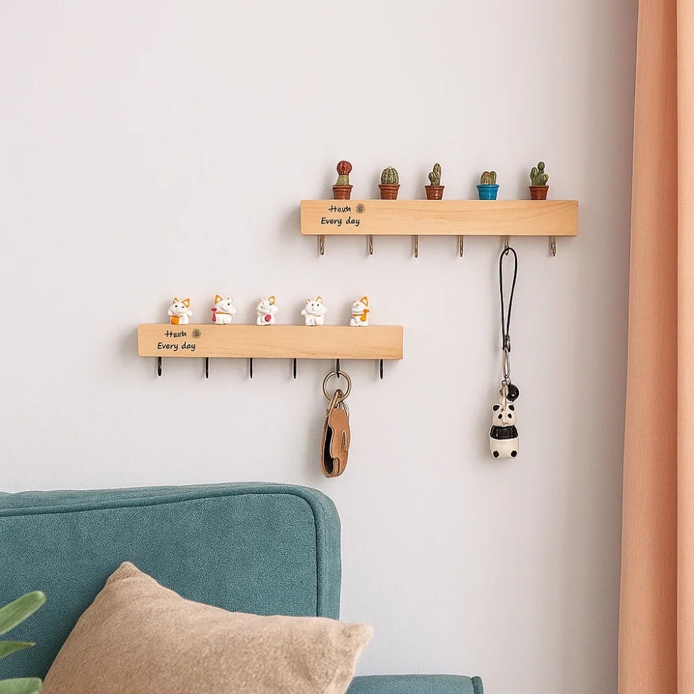 

Solid Wood Key Storage Rack 6 Hooks Punch-Free Hat Storage Hook Vintage Style Three-Dimensional Design Coat Hanger Entrance Hall