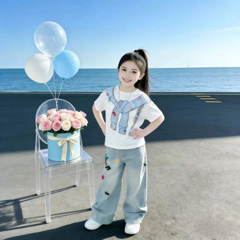 Girls Sweet Preppy 2PCS Outfit Short Sleeve T-shirt + Embroidered Jeans Summer Kids Daily Wear Set Suitable for Ages 7-14