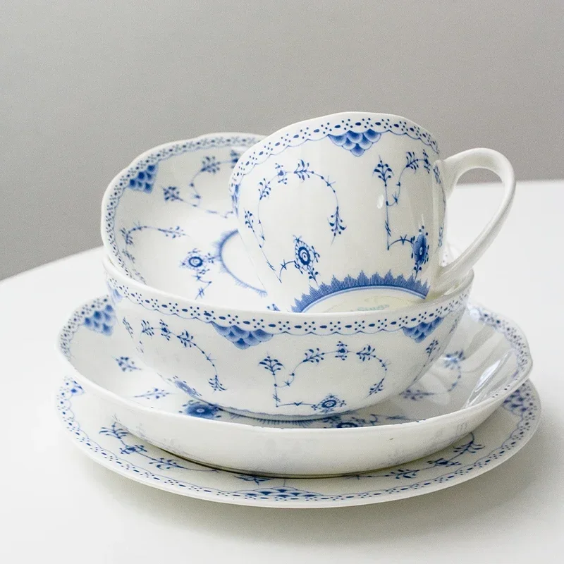 European Blue Pattern Bone China Tableware Set Home Ceramic Plate Dish Plate Dish Exquisite Afternoon Tea Heart Plate