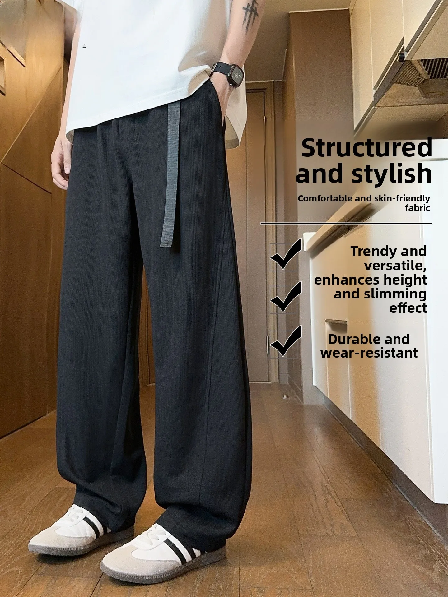 

Men's Casual Striped Textured Spor Loose Fit Autumn Long Straight Leg Pants Faionable Drapey Wide Leg Trousers