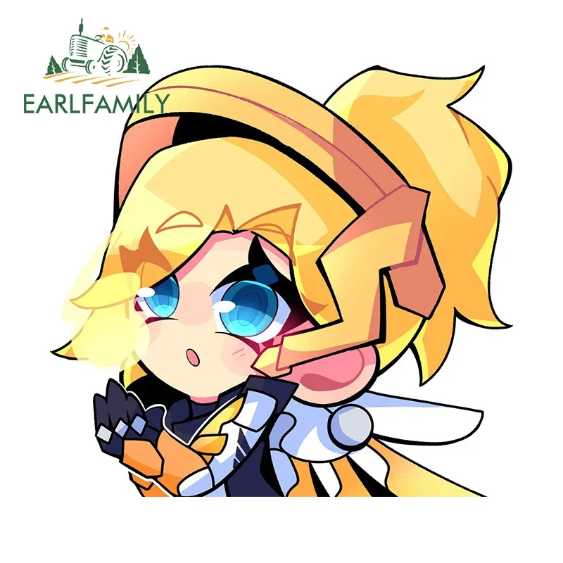 

EARLFAMILY 13cm for Overwatch Mercy Cute Peek Car Stickers Racing Drifting Auto Decal Waterproof Vinyl Windows Funny Decoration