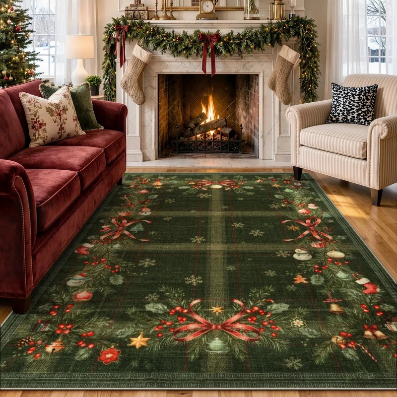 Large Living Room Carpet Non-slip Machine Washable Floor Mat Christmas Plaid and Pine Garland Red Rug Home Decoration Rugs Ковер