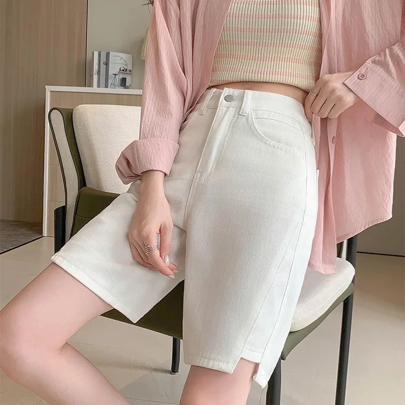 Solid Color Denim Shorts Women Summer High Waist Loose Thin Straight Leg Trousers Office Lady Versatile Casual Shorts Female