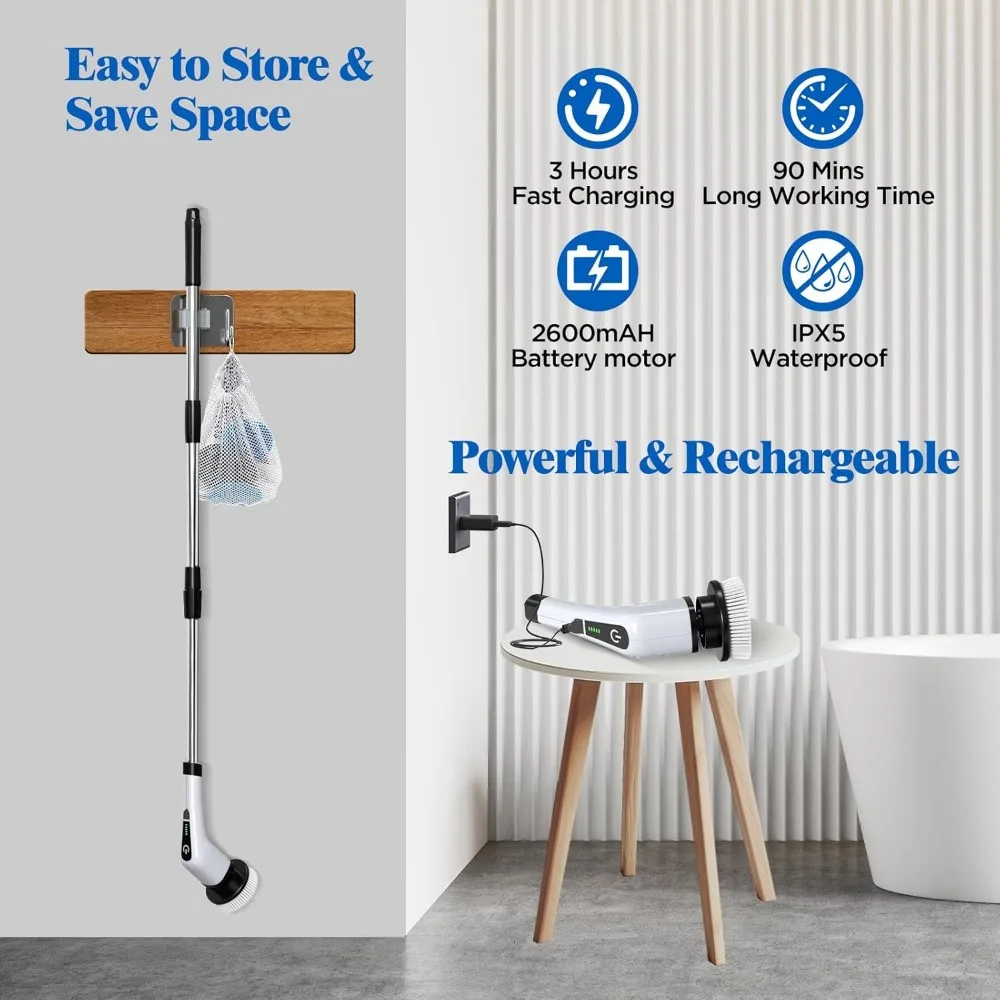 Draadloze elektrische spin-scrubber met 8 opzetborstels, verstelbare handgreep voor het reinigen van badkamertegelvloeren in de auto