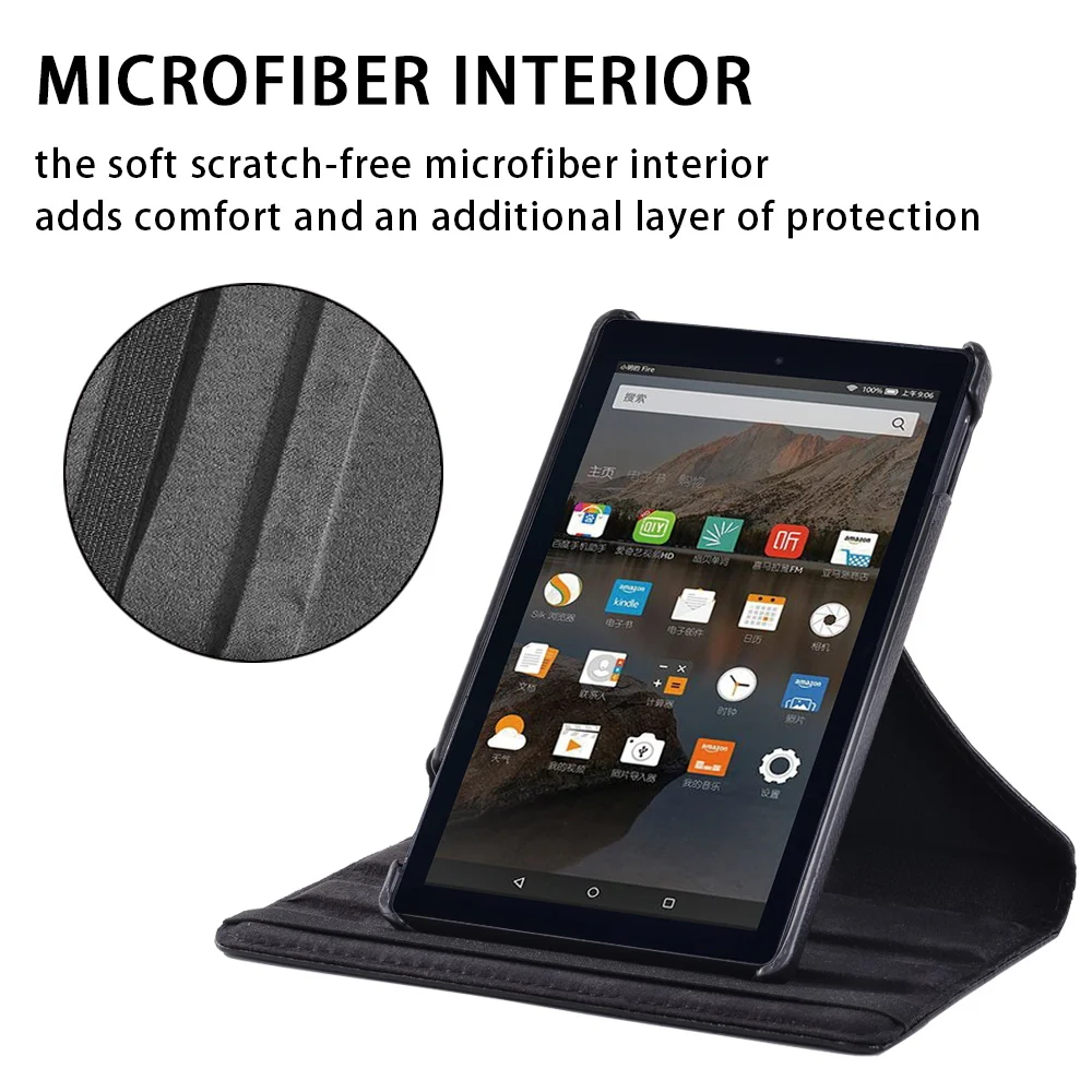 360 Degree Rotation Tablet Case for Fire 7 5th 7th 9th Gen Dust-proof Letter Print PU Leather Stand Protective Cover+Free Stylus