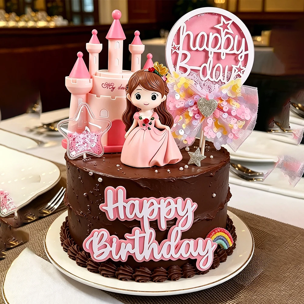 Adorno de pastel de cuento de hadas con castillo de princesa encantadora para niñas, decoración para fiestas de cumpleaños infantiles, suministros y accesorios para pasteles.
