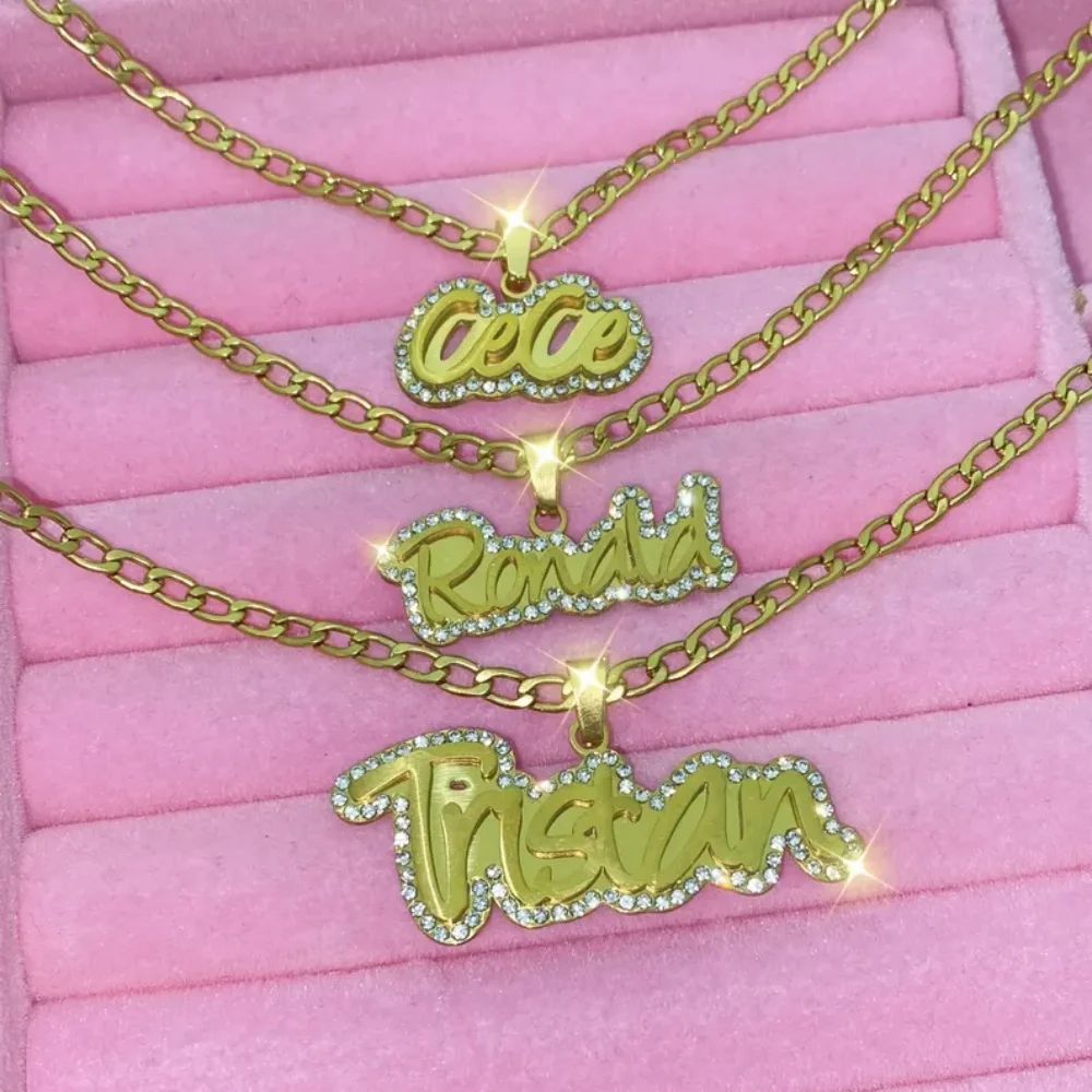 

LeeChee Double Layer Rhinestone Bling Custom Name Pendant Necklace Jewelry Gift For Girls Personallized Bling 5mm Chain Necklace