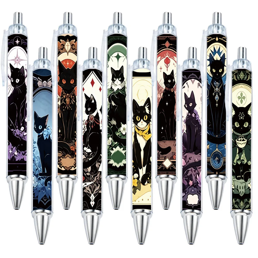 10pcs Window Flower Black Cat Theme Press Neutral Pen School Season Student Writing Pen Gift Pen Pattern Random