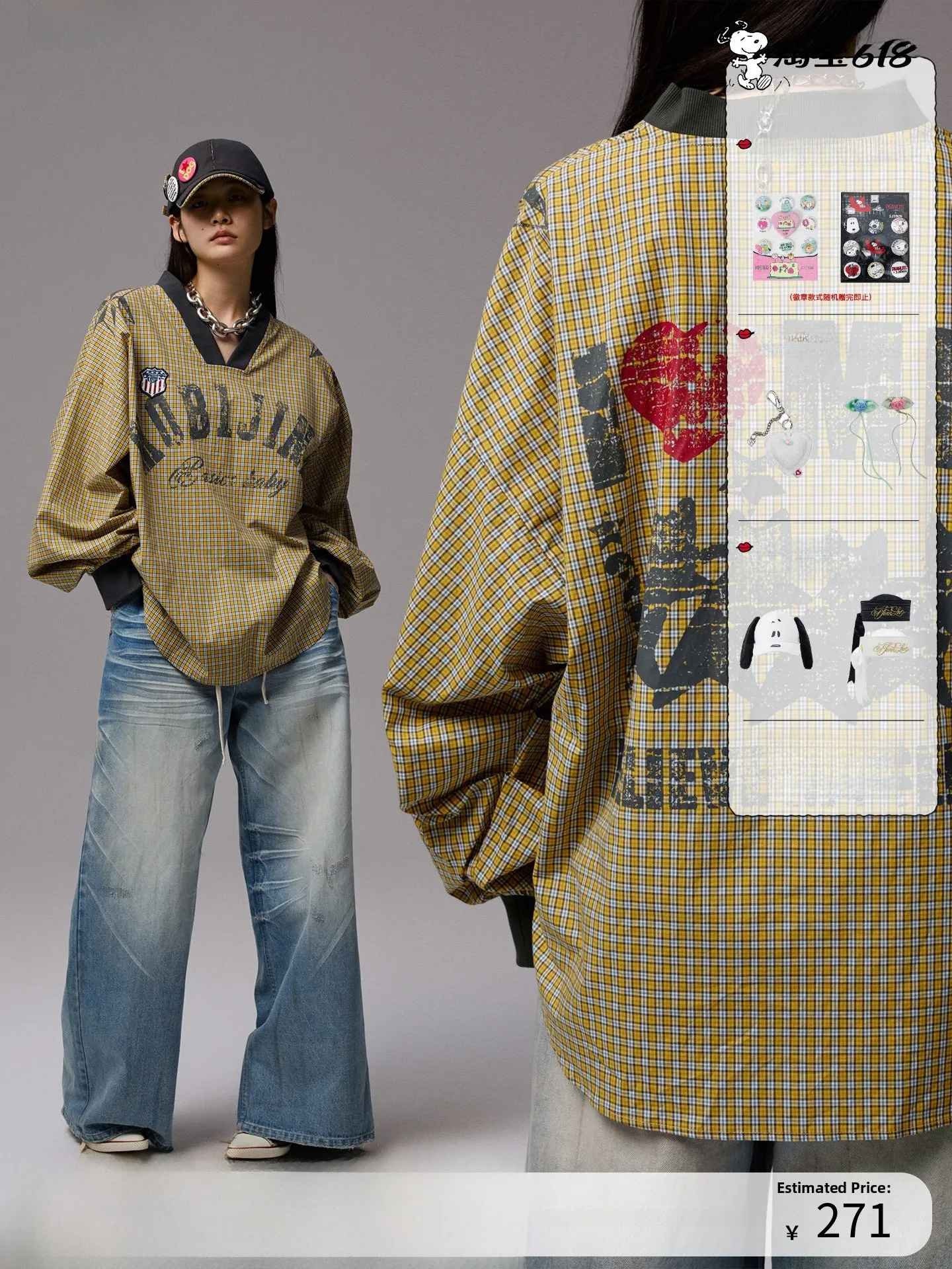 

1JINN STUDIO American Letter Print V-Neck Loose Casual Sports Long Sleeve Top Women's Comfortable Breathable Cotton Sweatshirt