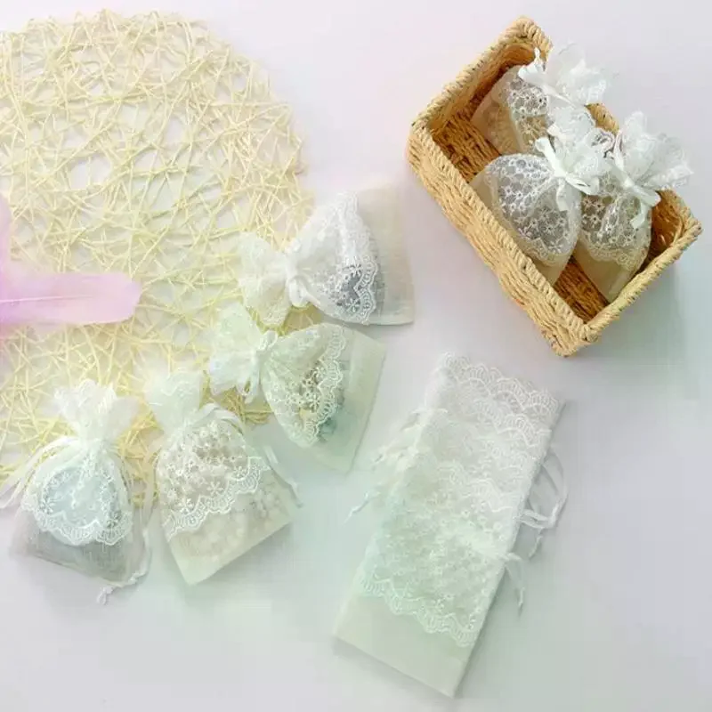 White Gift Bag Festival Favor Gauze Storage Bag Packing Lace Sachet Jewelry Packing Reusable Gift Bag Drawstring Pocket Packing