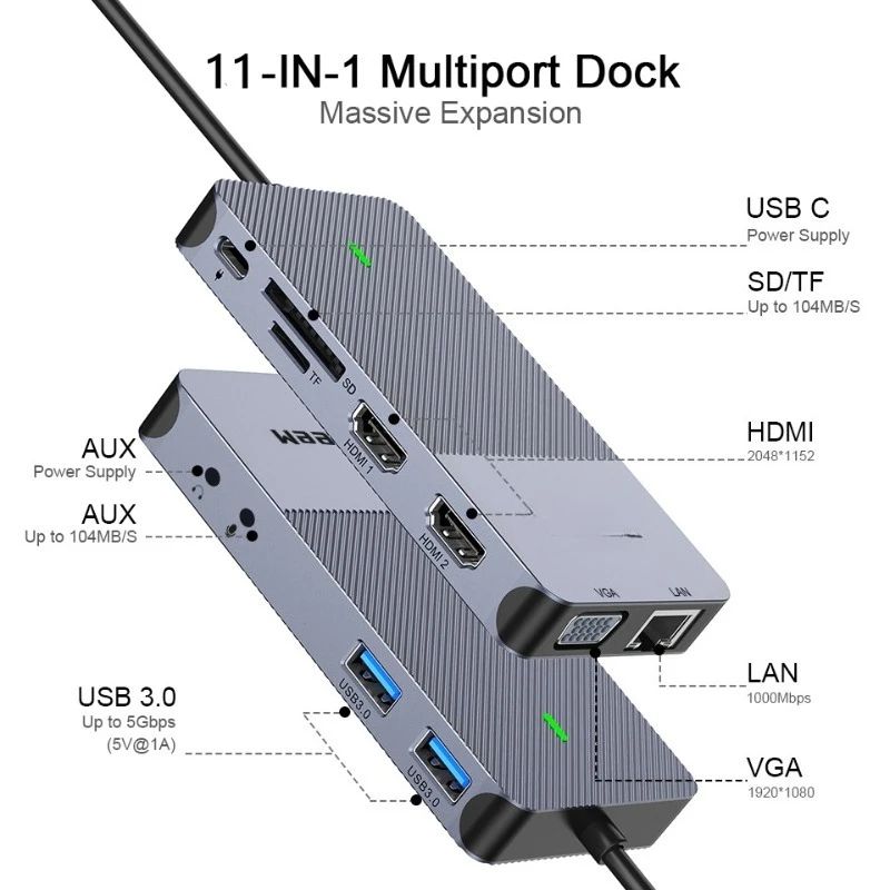 11-In-1 USB Docking Station DisplayLink HUB Triple Display Hub Type-C Docking Station