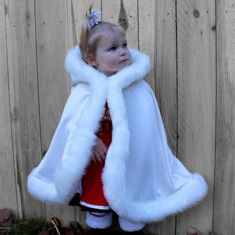 Long Cape for Kids Hooded Wedding Cloak Faux Fur Jacket Winter Kid Outerwear Faux Fur Coat Flower Girl Shawl Children\'s Cloak