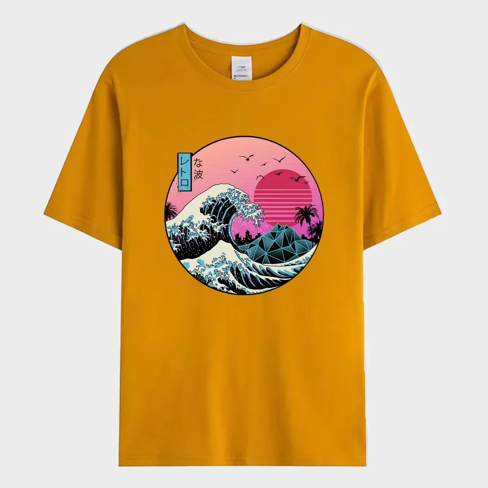 2024 Summer Men\'s T-shirt Sunset Waves in Japan Printed T-shirt Fashion 100% Cotton Short Sleeve Oversized Tee Shirt Men Clothes