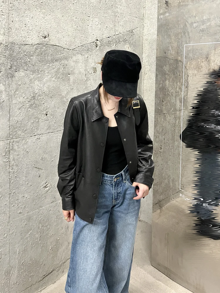 

Minimalist Biker Jacket Women's Short Leather Coat Top Layer Sheepskin Black High-End Feel Commute Style Long Sleeve Regular Fit