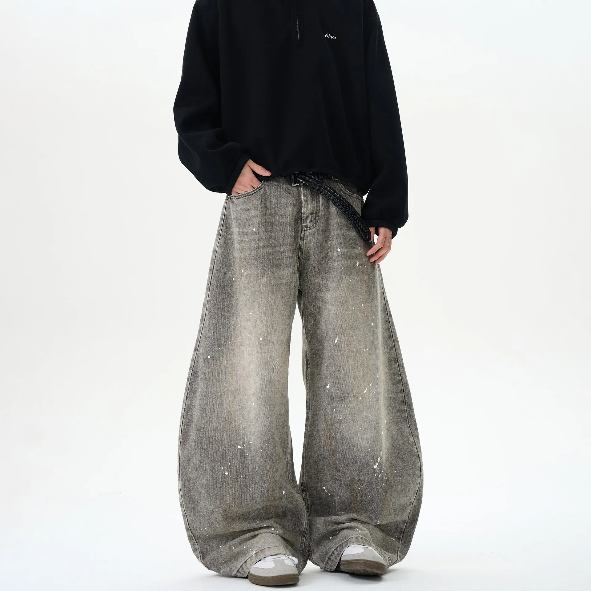 Korean Fashion High Street Vintage Washed Grey Wide Leg Pants Men's Streetwear Harajuku Oversized Casual Baggy Denim Trousers