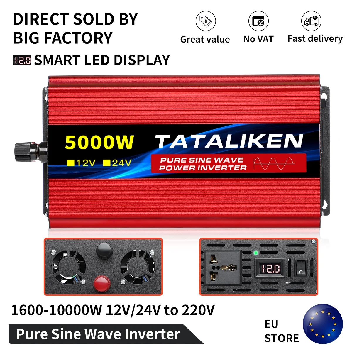 5000W Pure Sine Wave Power Inverter DC 12V to AC 230V 240V LCD display Converter With  Dual cooling fans for RV Truck Car