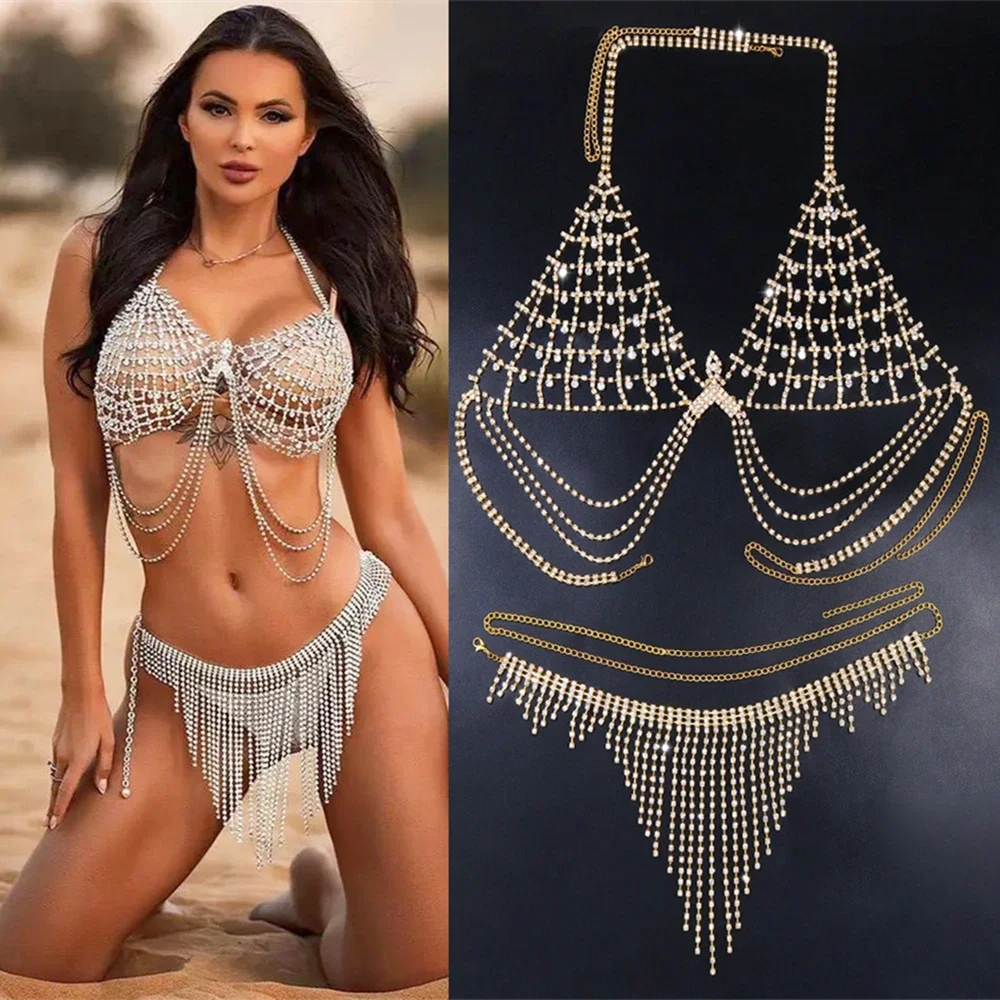 European and American hot body chain trend grid diamond bra tassel underwear cross-border accessory set