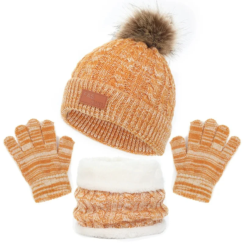 Autumn Winter Baby Knitted Hat Scarf Gloves Set 3PCS Cute Pompom Toddler Infant Bonnet Outdoor Warm Kids Accessories 1-5 Years