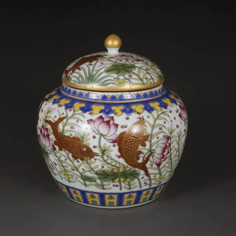 Qing Qianlong painted goldfish algae pattern tea jar lid jar antique porcelain Chinese style home Desktop decoration