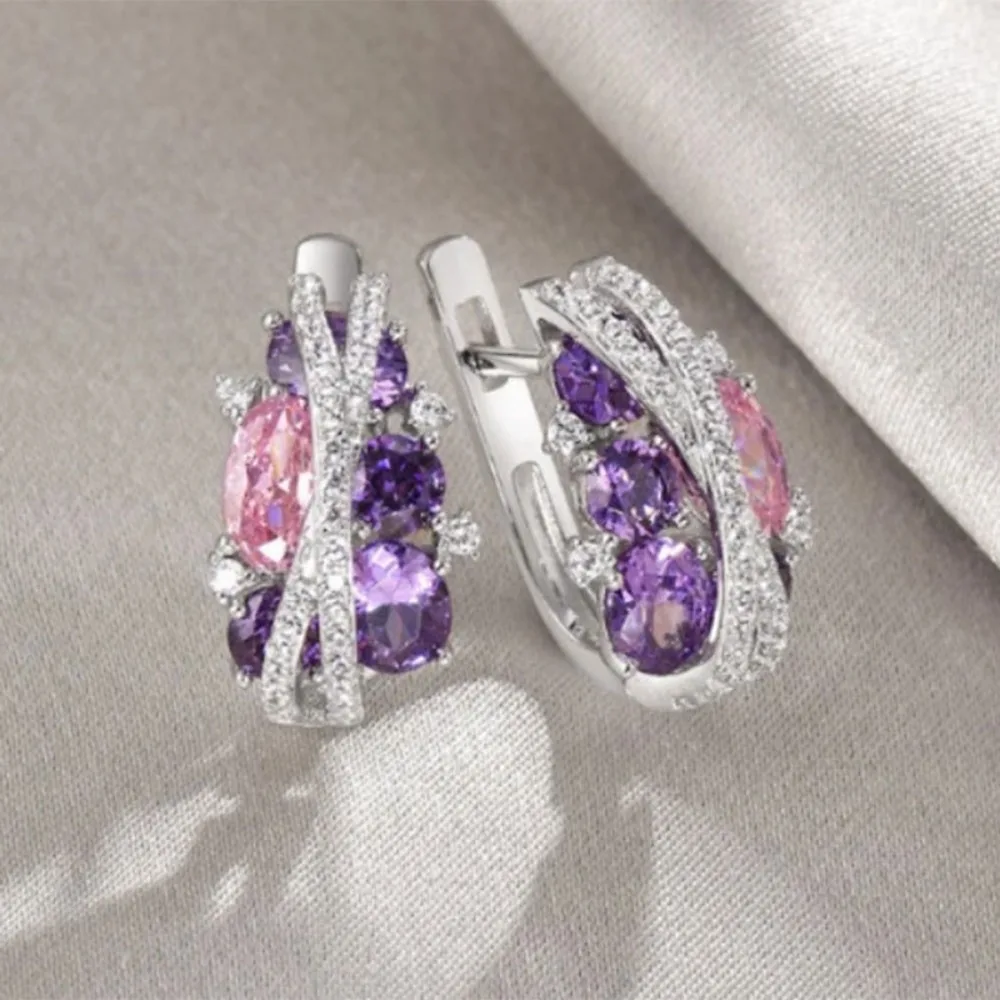 Romantic Sweet Double-layer X-shaped Hollow-out Sparkling Pink 5A Zircon Huggie Earrings Women's Creative Hoop Earrings Jewelry