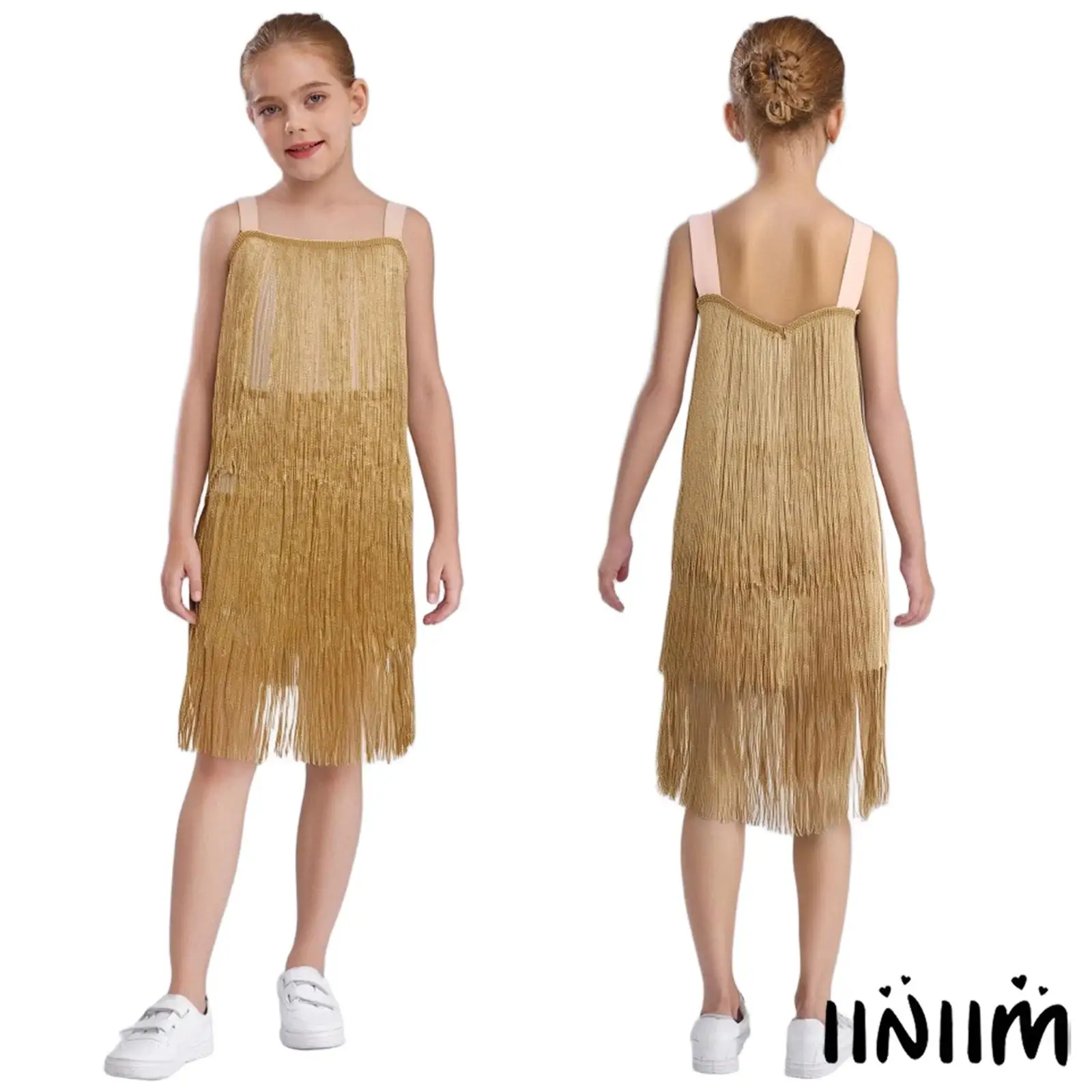 

Kids Girls Dance Dress with Tiered Fringe Invisible Zipper Sleeveless Latin Jazz Performance Costume for Themed Parties Shows
