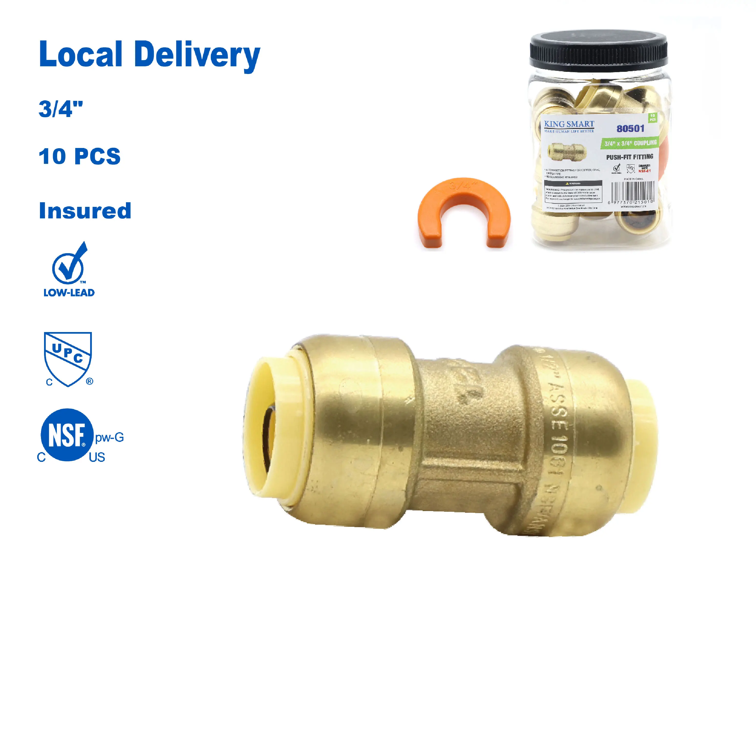 KING SMART 3/4 Push Fit * 3/4 Push Fit Coupling; 10Pcs/Case; 80501