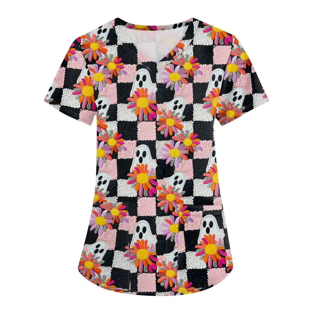 Frauen arbeits uniform Halloween Ghost Print Cartoon V-Ausschnitt Tops Frauen hemden Krankens ch wester Arbeits kleidung medizinische Uniformen