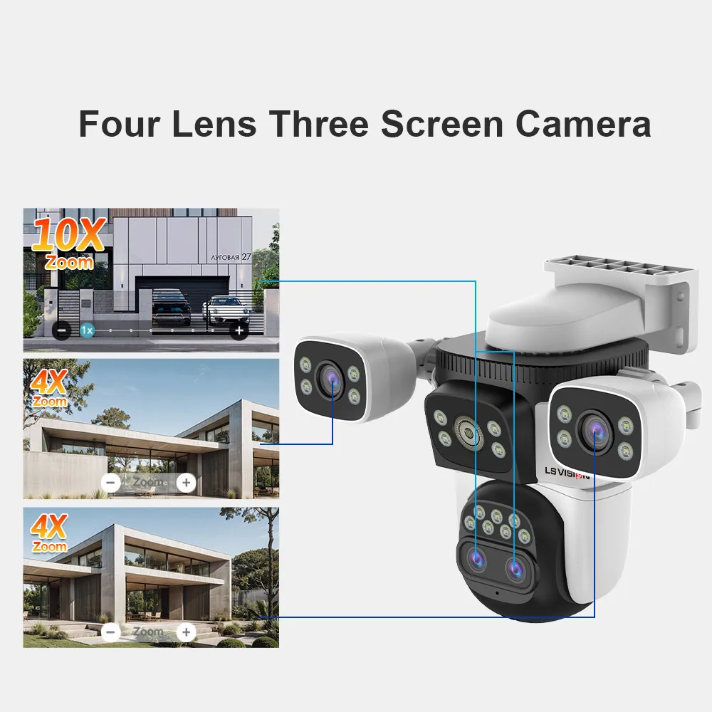 LS VISION 20MP 10X ซูมสามหน้าจอ WiFi IP กล้องไร้สายกลางแจ้ง 10K สี่เลนส์ PTZ มนุษย์การติดตามอัตโนมัติกล้องเฝ้าระวัง