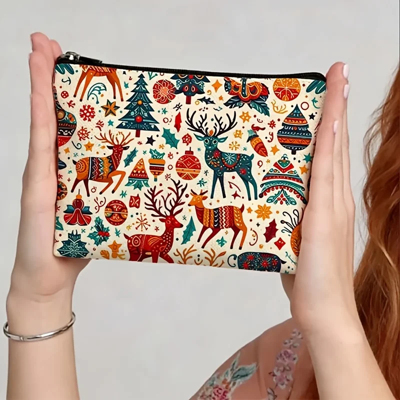 Christmas Folk Art Deer Makeup Bag Cosmetic Pouch Ethnic Style Reindeer Xmas Tree Snowflake Print Portable Storage Purse Gift