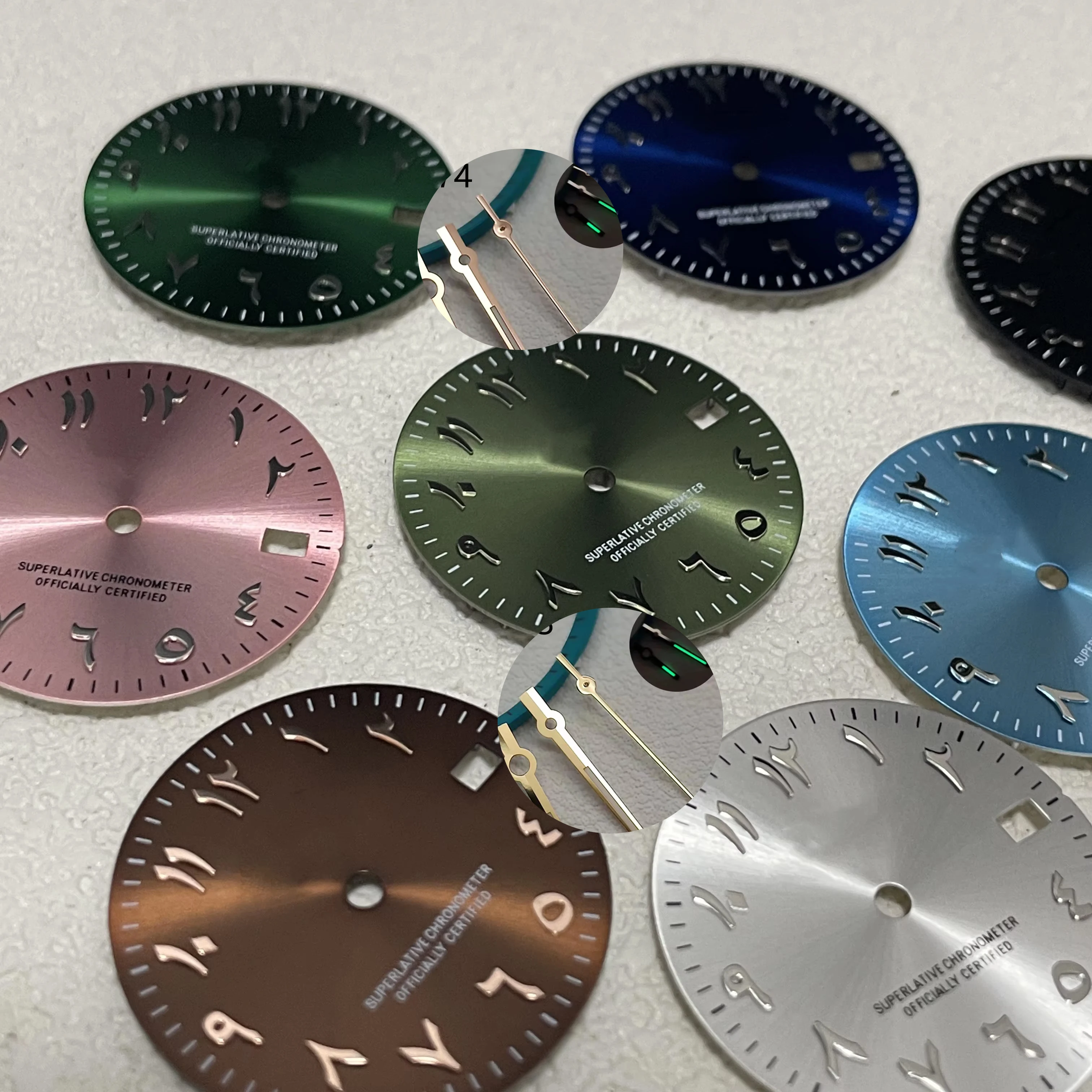 28.5mm blue Hot selling green Arabic numerals s logo dial no Luminous Suitable s green dial nh35 nh36 movement watch accessories