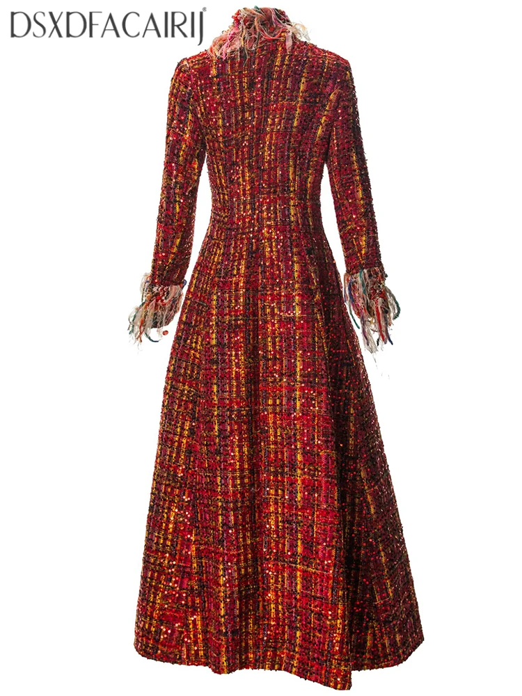 DSXDFACAIRIJ Women's Sequins Plaid Tassel Single-Breasted Stand Collar Long Sleeve Coat Streetwear Outerwear for Autumn