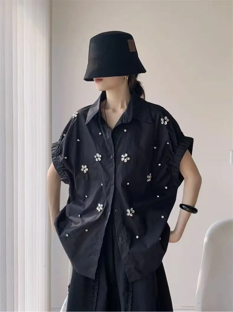 Luxury Design Sparkle Diamonds Embroidery Cotton Short Sleeve Blouses Shirts Women 2025 Spring Summer New Fashion Trend Tops - Image 6
