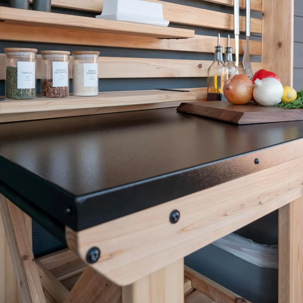 Cedar Wood Buffet Hutch with Galvanized Steel Countertop, Serving Station, Wine Rack, and Glass Holder