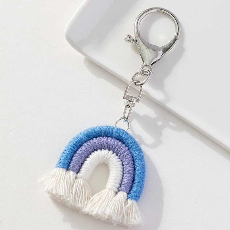 Fashion Three Color Rainbow Key Chain Pretty Tassels Pendant Knitted Rainbow Keychain Sweet Cute Handmade Woven Key Ring Women